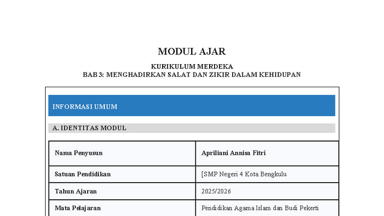 MODUL AJAR KURIKULUM MERDEKA: BAB 3 - SALAT & ZIKIR SMP VII - Document Preview