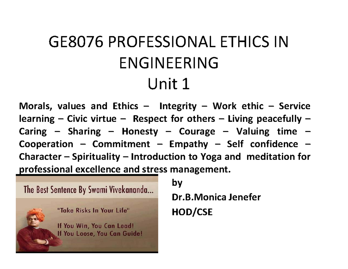 GE8076 - Professional Ethics in Engineering: Unit I Notes - Studocu
