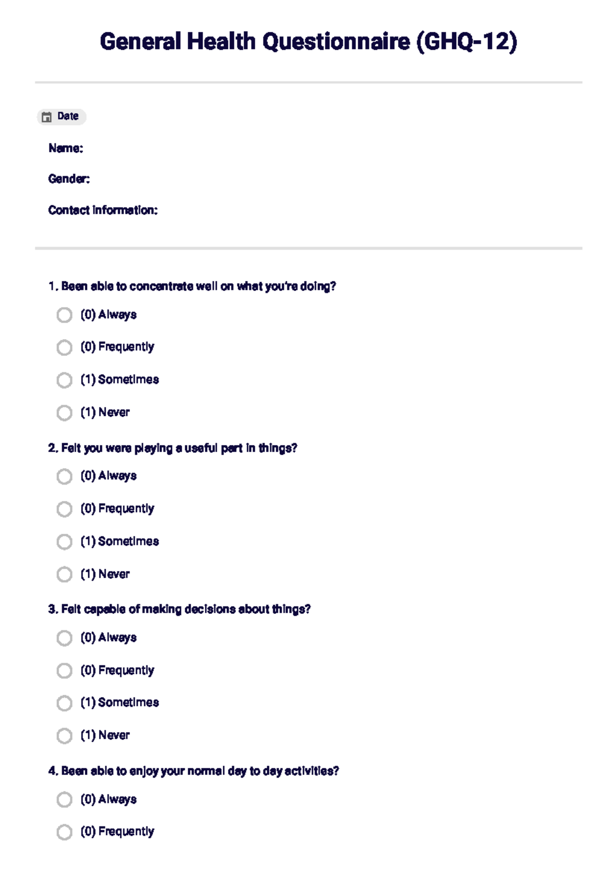 General Health Questionnaire (GHQ-12) Assessment Tool - Studocu