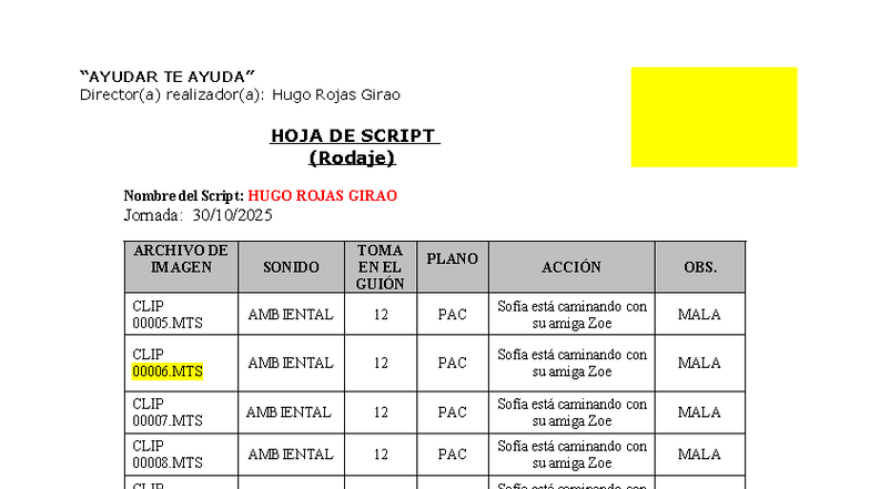 Plantilla HOJA Script 2024-2 - Director(a) realizador(a): Hugo Rojas ...