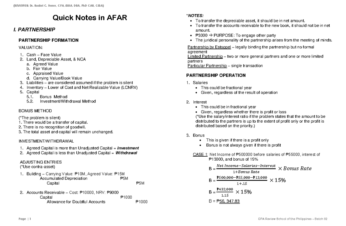 AFAR Partnership Quick Notes: Valuation, Formation, and Operations ...