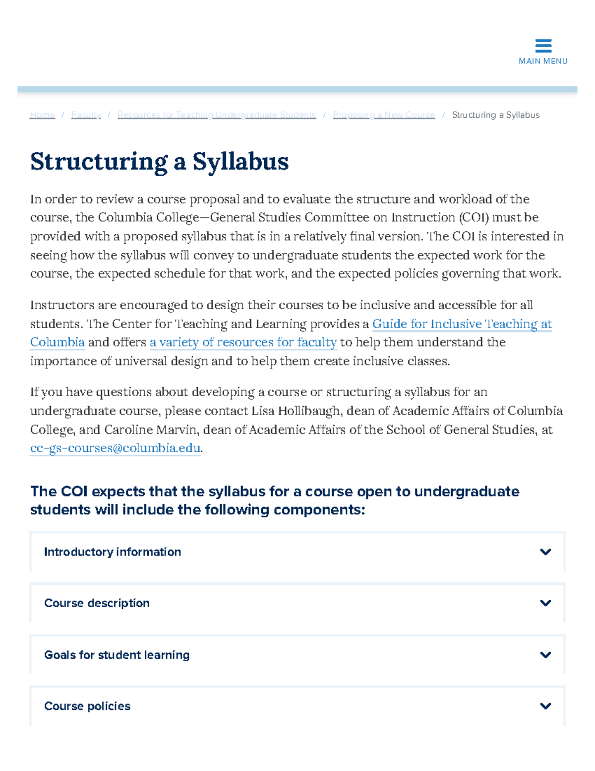 Structuring a Syllabus for Undergraduate Courses at Columbia College ...