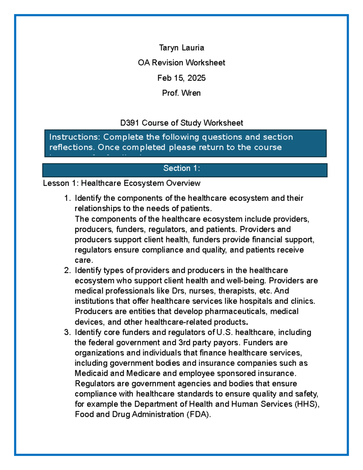 D391 Course of Study Worksheet: Healthcare Ecosystem