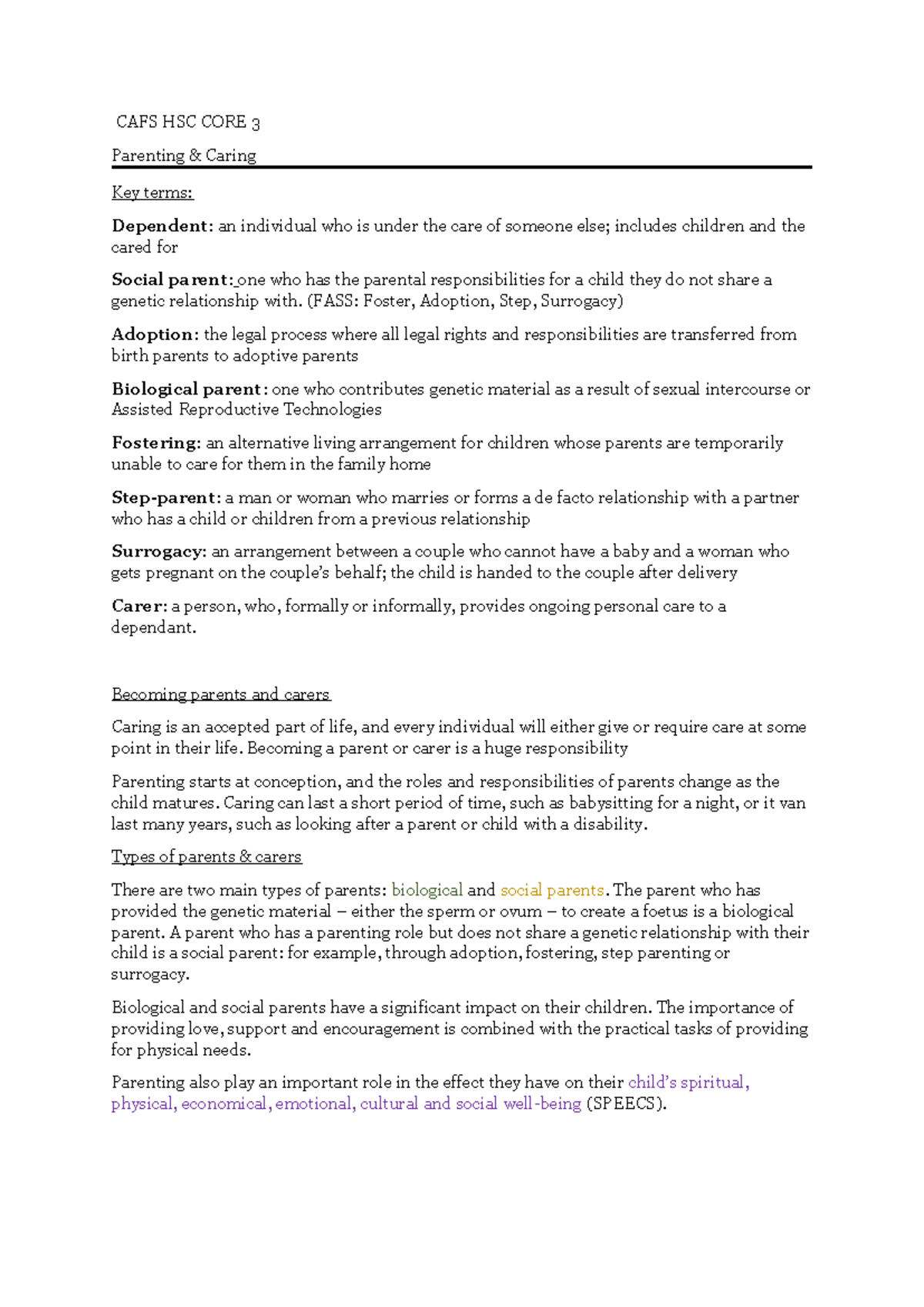 CAFS HSC CORE 3 Parenting and Caring Key Terms Overview - Studocu