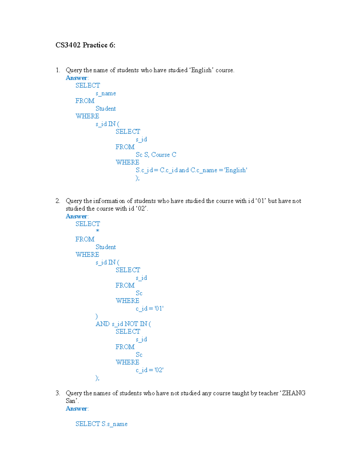 CS3402 SQL Practice Questions & Solutions for Exam Preparation - Studocu