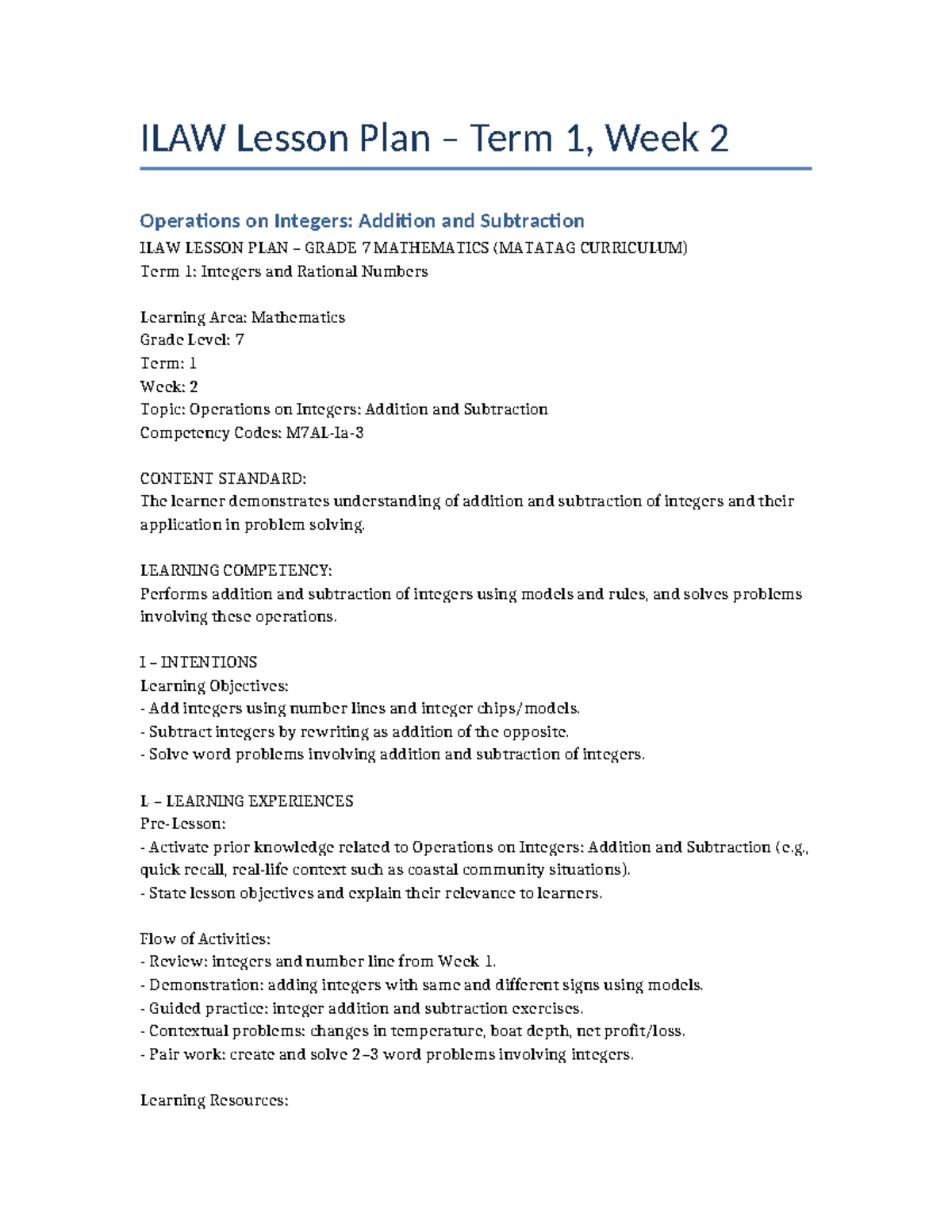 ILAW G7 Math Term1 Week2 Operations on Intege - ILAW Lesson Plan – Term ...