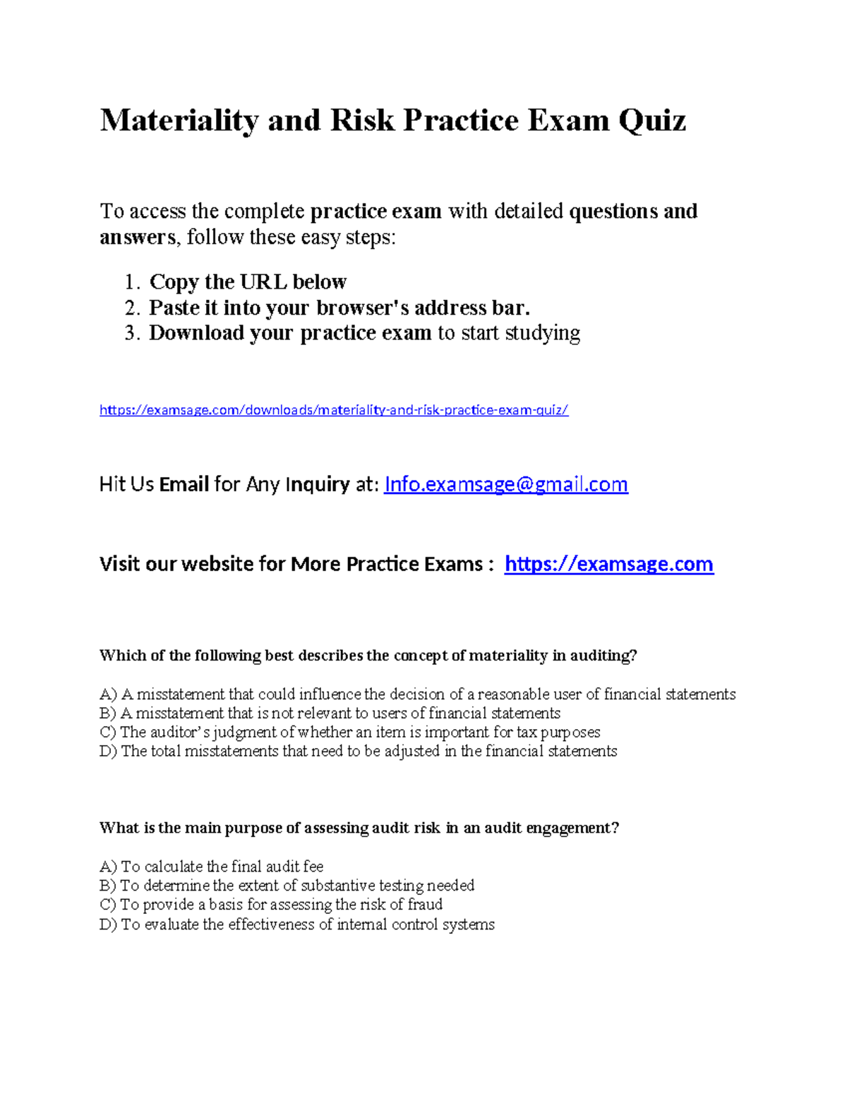 Materiality and Risk Practice Exam Quiz - Copy the URL below 2. Paste ...
