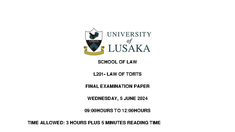 L201 2024 Law of Torts Final Exam Paper - 5 June 2024 - Studocu