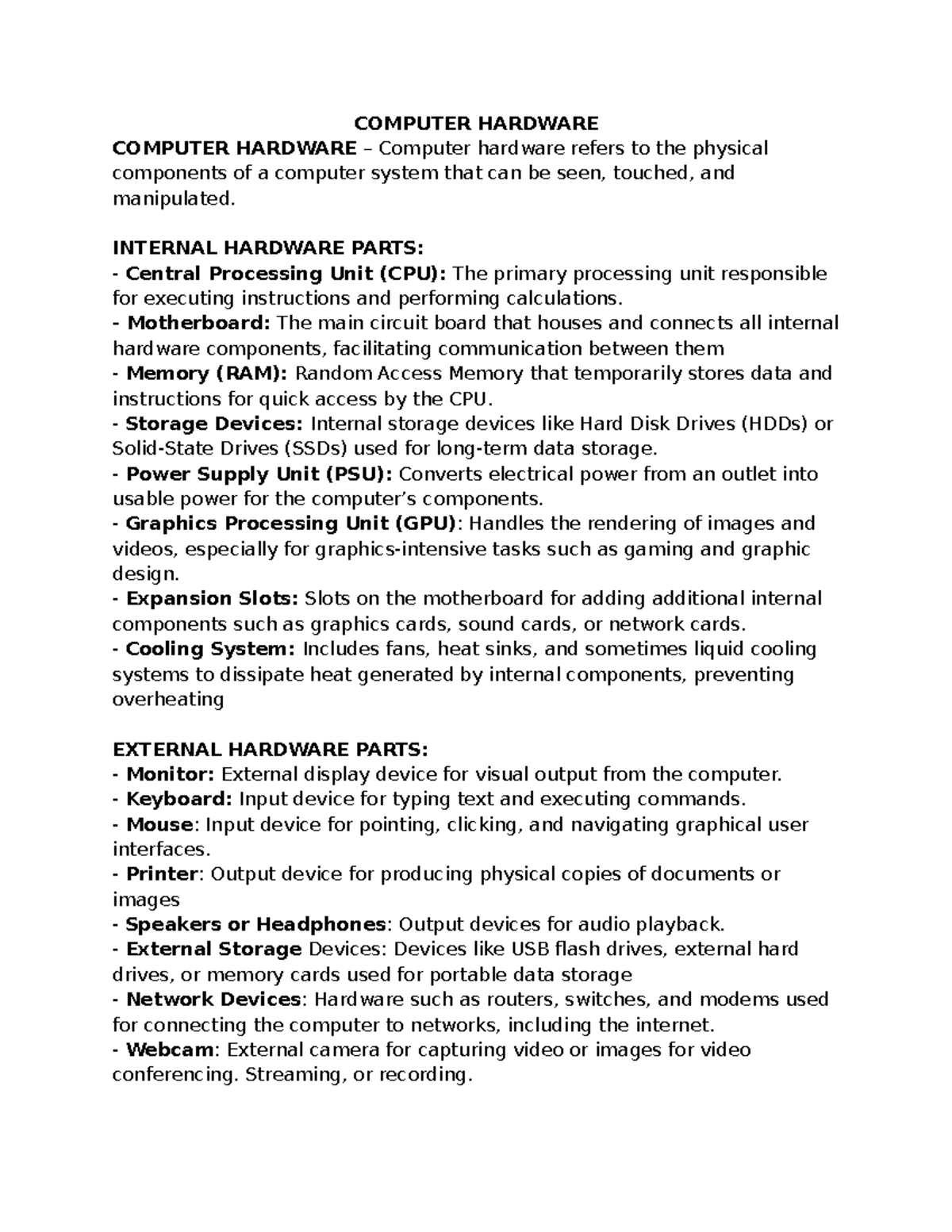 SIT 101 Lecture Notes: Understanding Computer Hardware & Applications ...