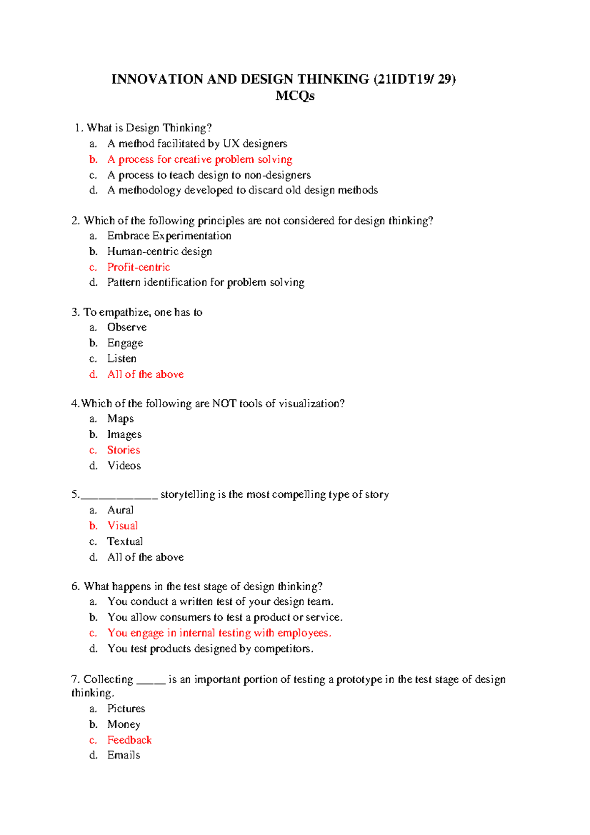 IDT 101: Design Thinking & Innovation MCQs for Exam Preparation - Studocu