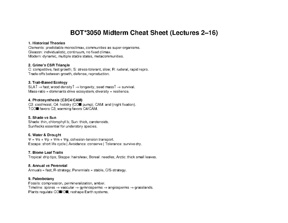 BOT3050 Midterm Cheat Sheet: Key Concepts in Ecology and Botany - Studocu