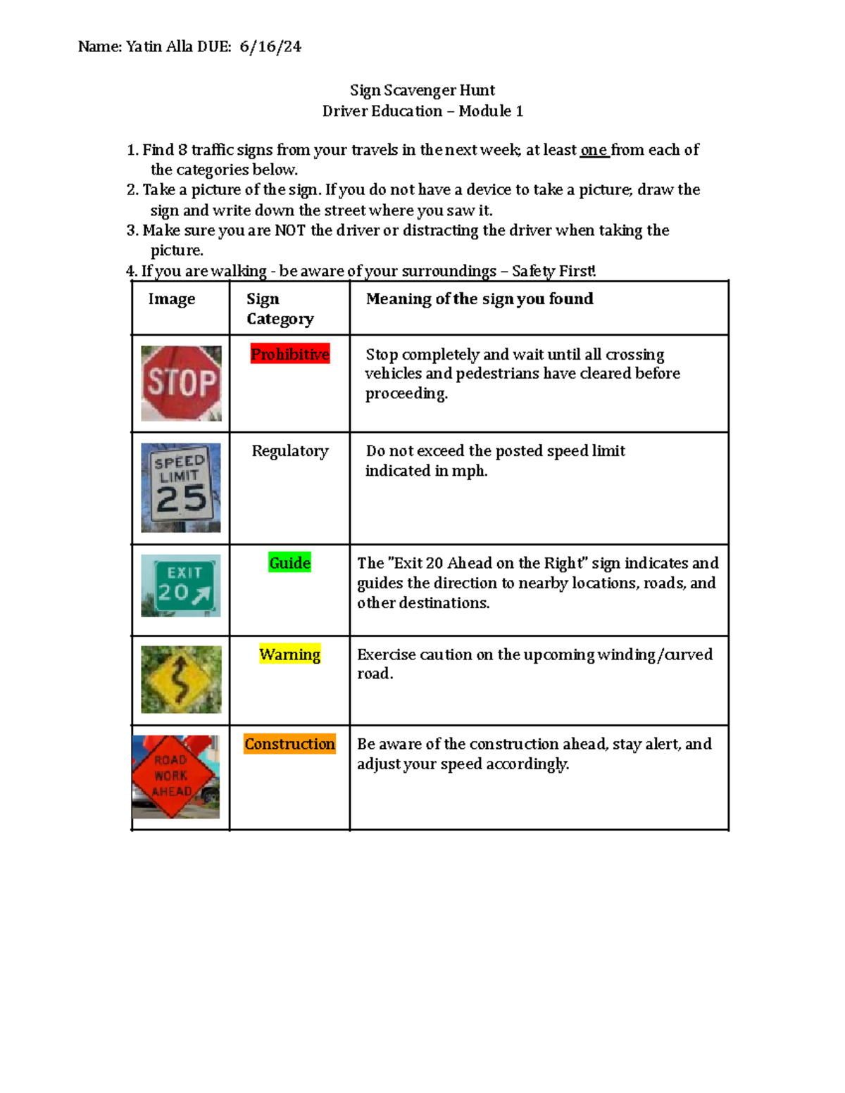 Driver Ed: Module 1 - Sign Scavenger Hunt Activity Instructions - Studocu