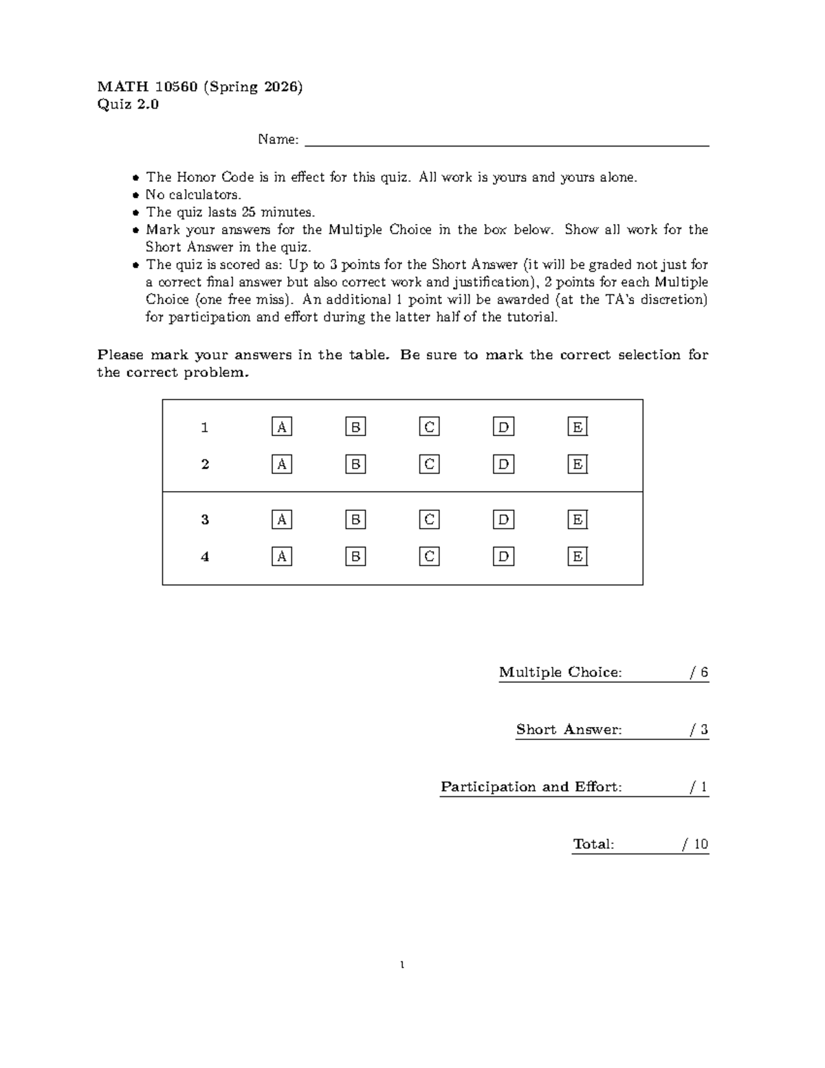 MATH 10560 (Spring 2026) Quiz 2: Honor Code & Scoring Details - Studocu