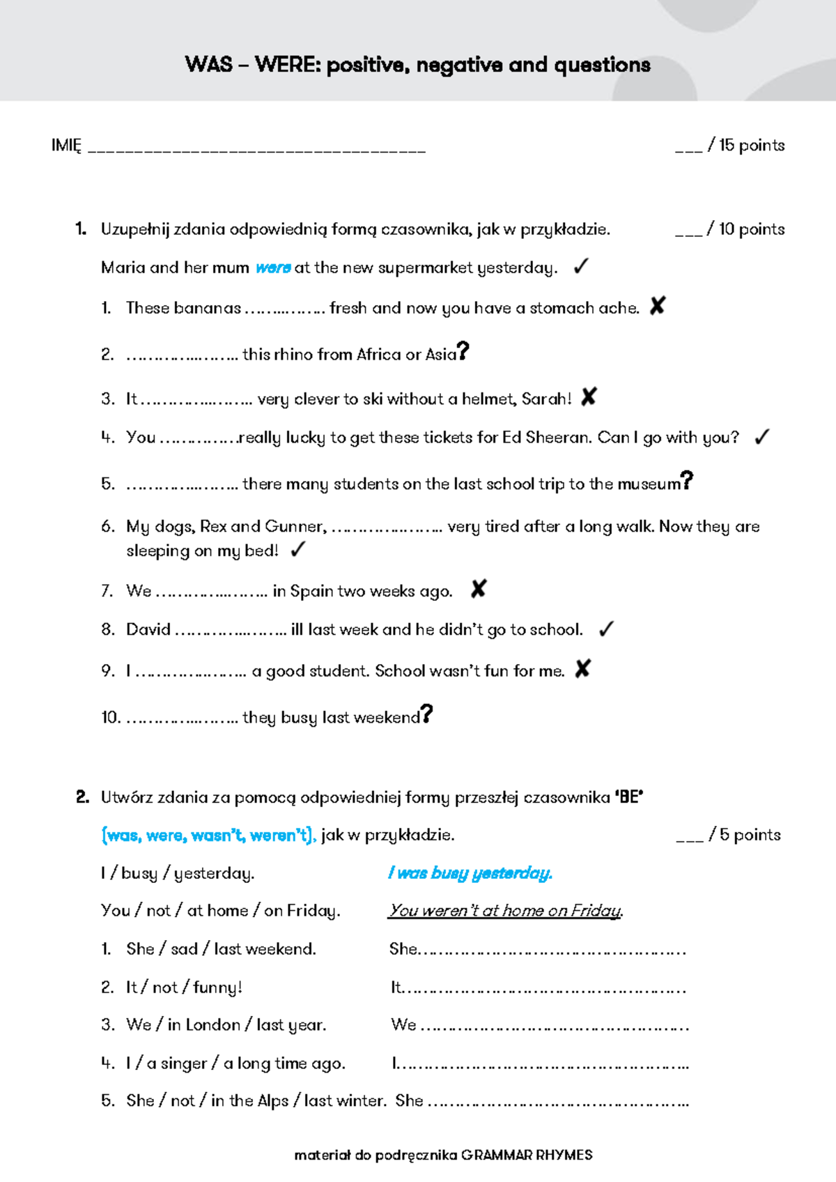 Short Test: WAS/WERE - Positive, Negative & Questions - Grammar Rhymes ...