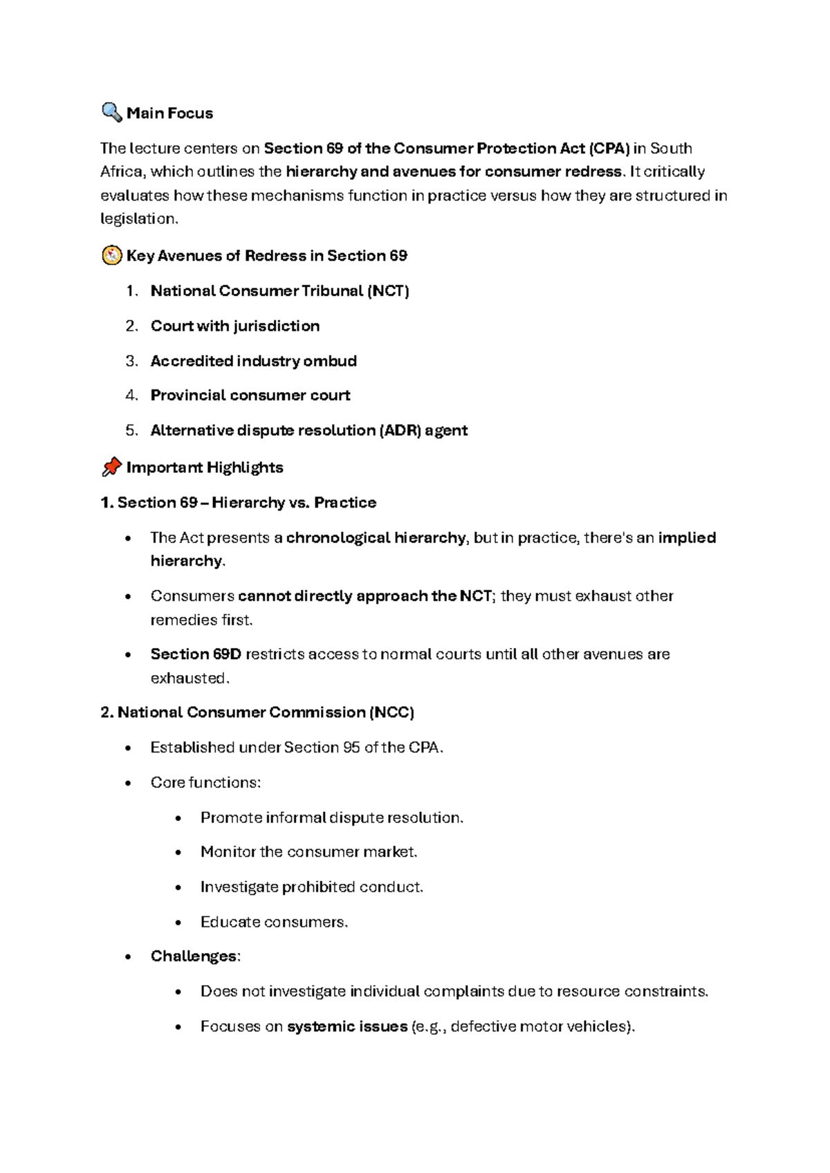 Consumer Protection Act (CPA) Section 69: Lecture Notes on Redress ...