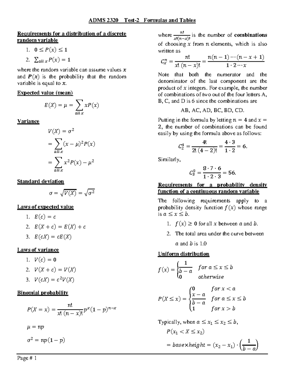 ADMS 2320 Test 2 Formula Sheet: Key Formulas & Tables - Studocu