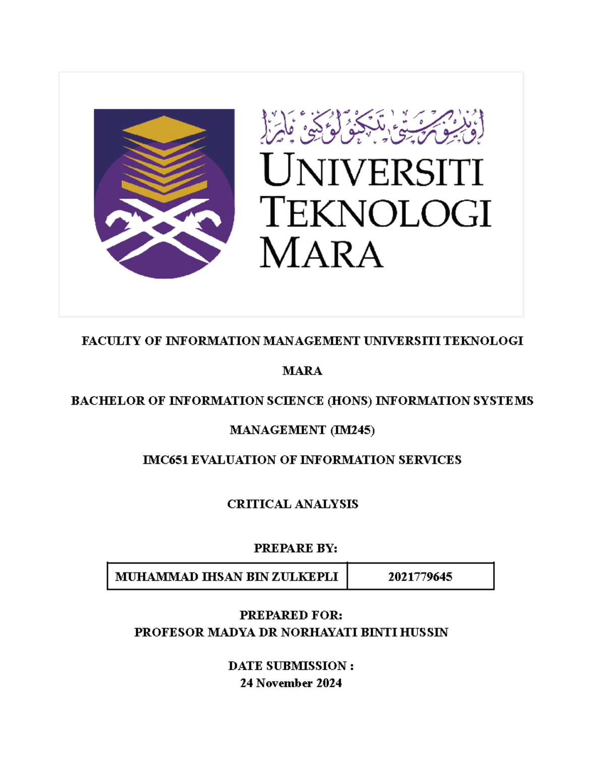 IMC651 - Critical Analysis (Individual) - FACULTY OF INFORMATION ...