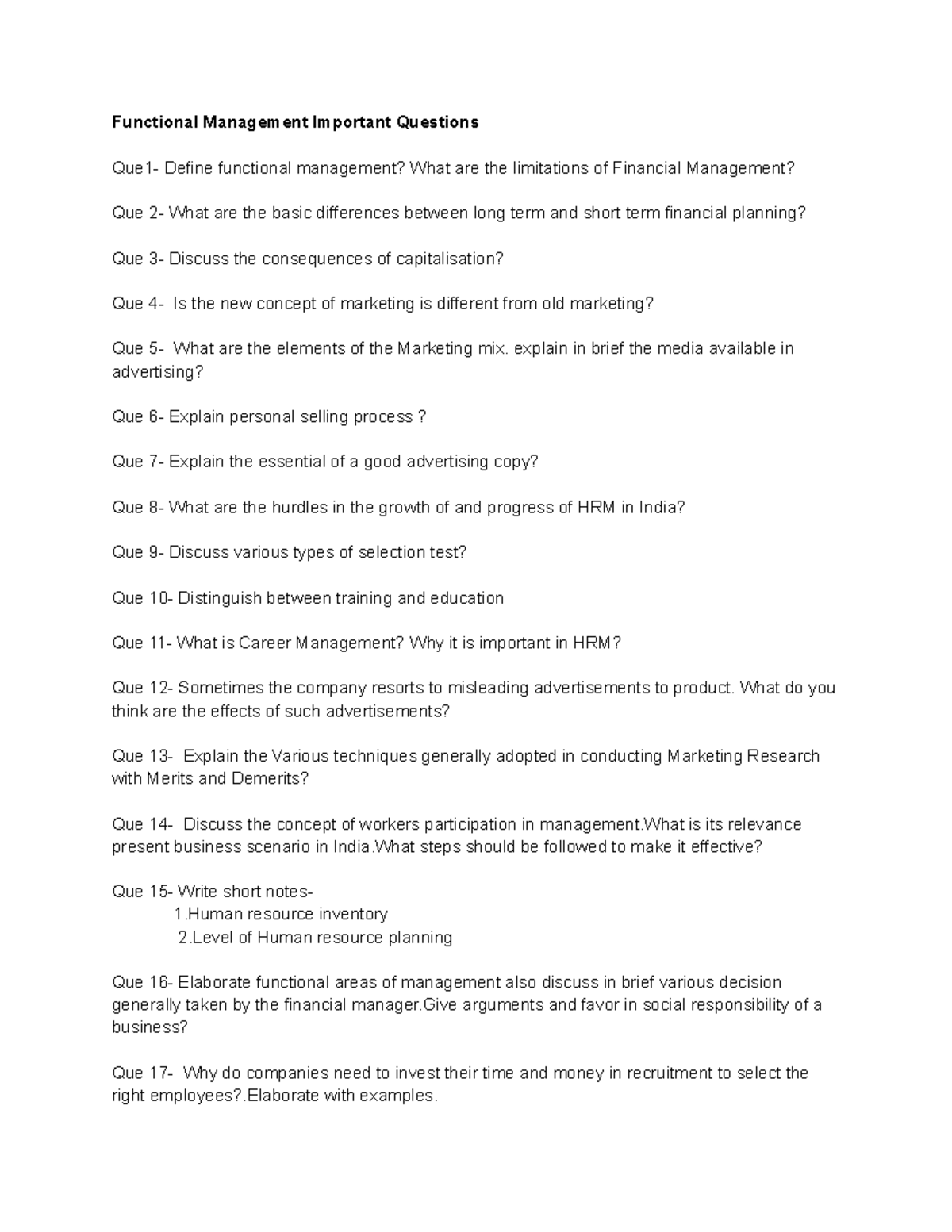 Functional Management Important Questions - Revision Guide - Studocu
