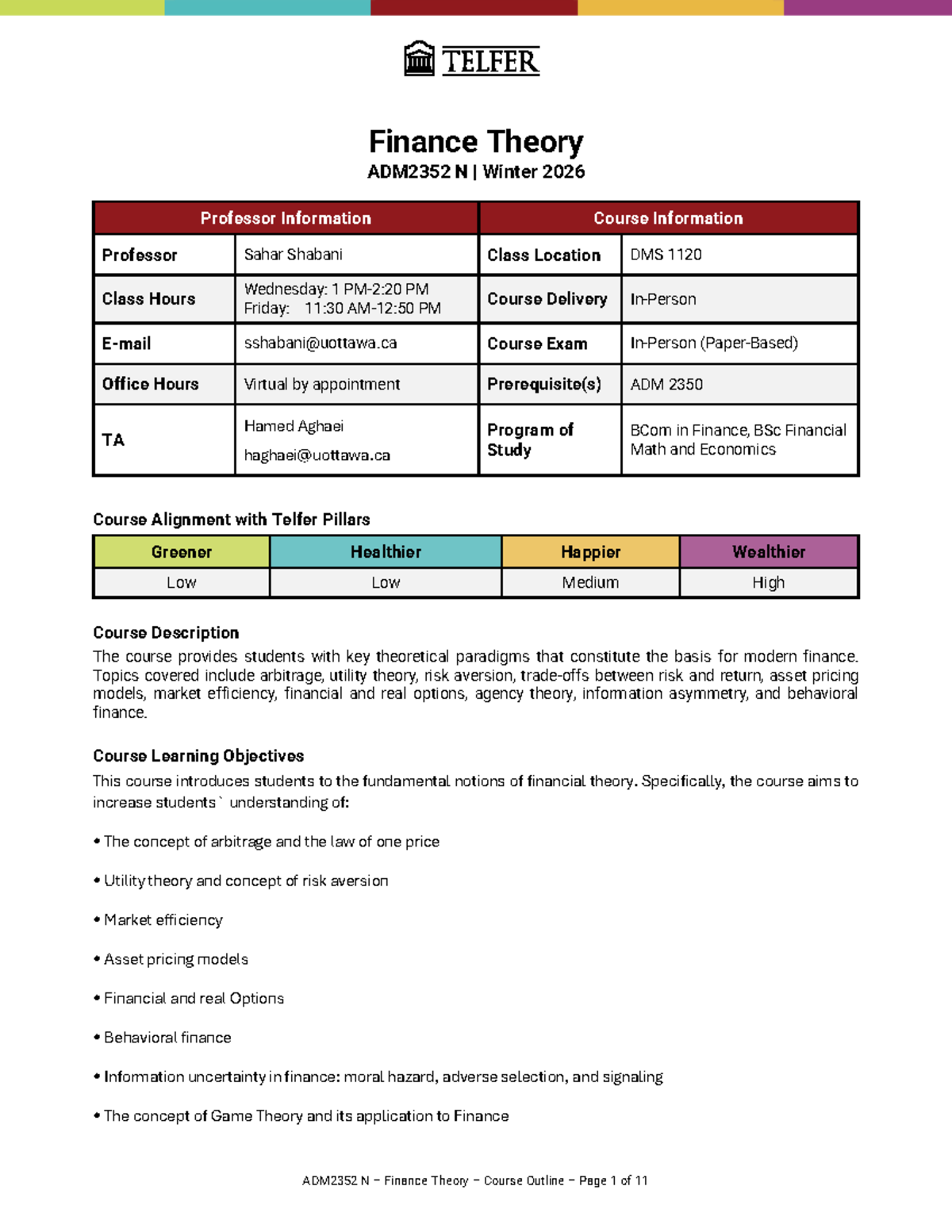 ADM2352 N Finance Theory Course Syllabus Winter 2026 - Studocu