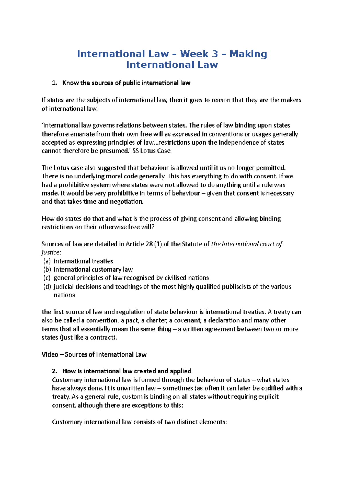 International Law - Lecture notes 2 - International Law – Week 3 ...
