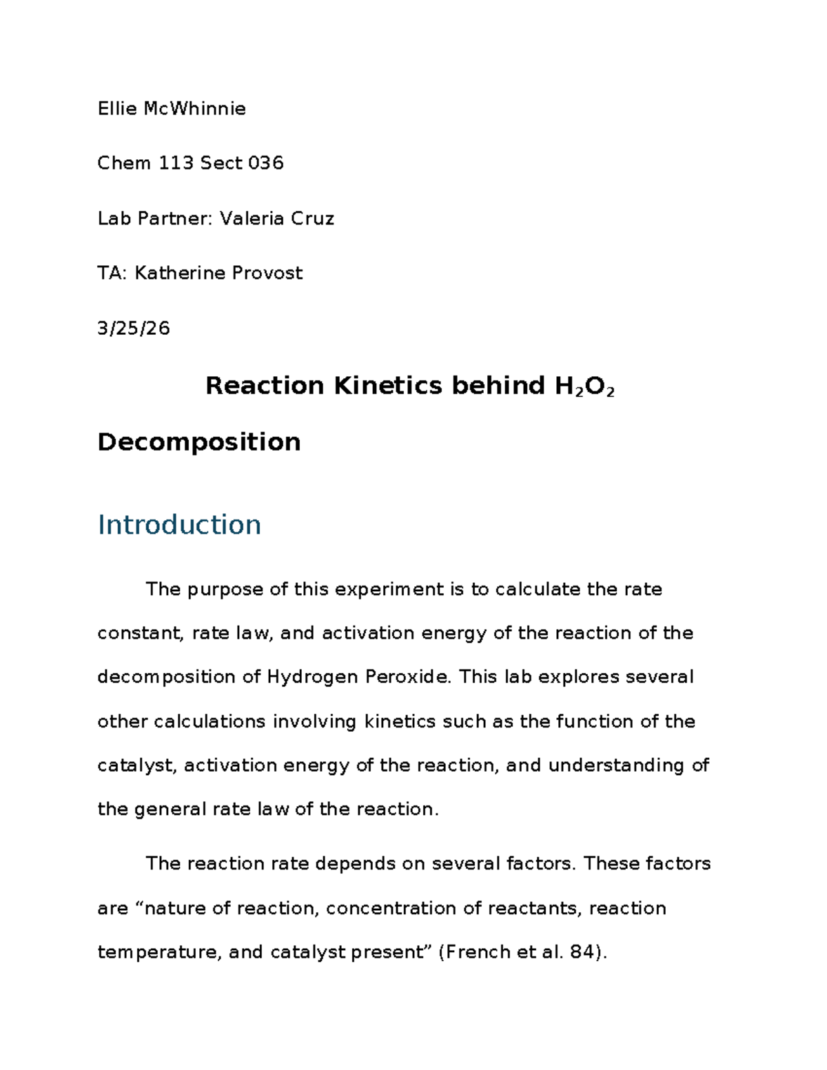 Chem 113 Sect 036 Lab: Kinetics of H2O2 Decomposition Experiment - Studocu