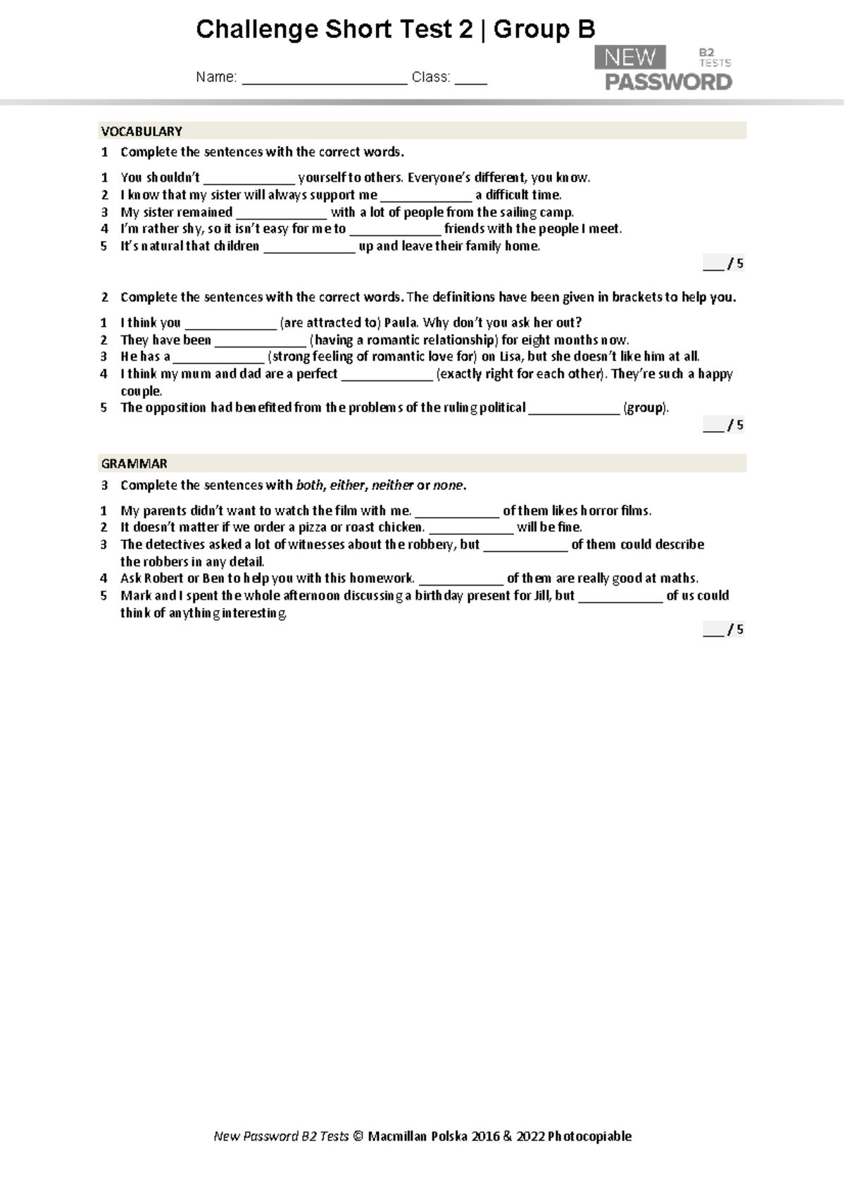 New Password B2 CST 2B - Vocabulary & Grammar Short Test 2 - Studocu