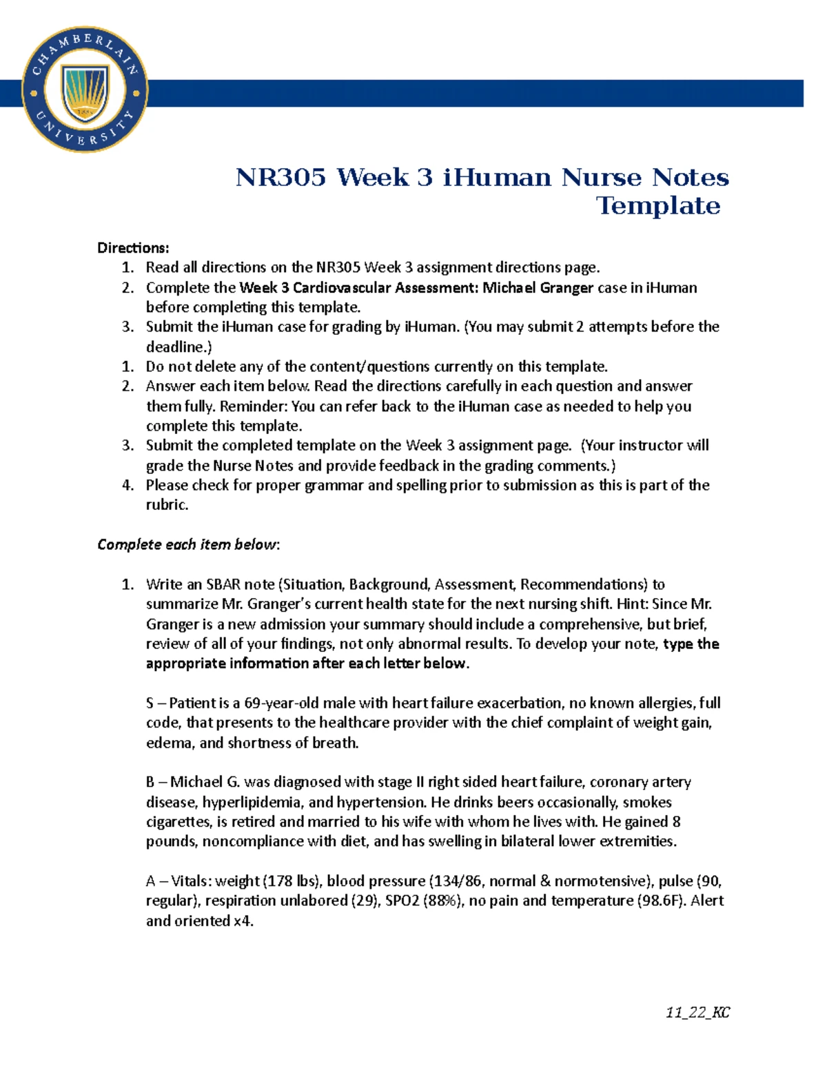 NR305 Week 4 Nurse Notes: iHuman Assessment of Athena Washington - Studocu