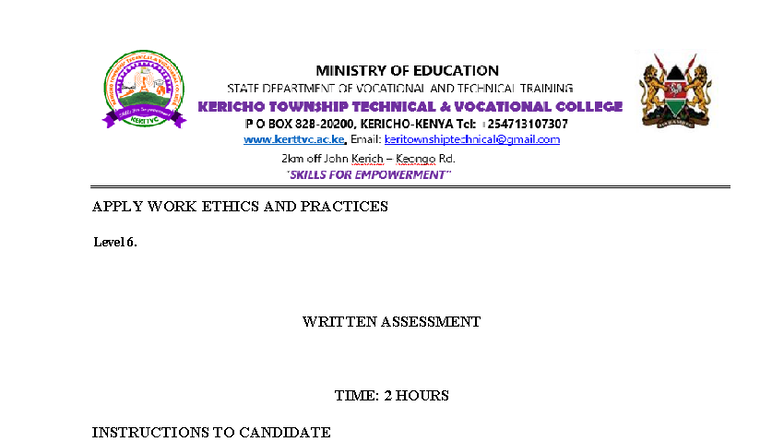 Apply Work Ethics and Practices Level 6 Assessment March-April 2025 ...