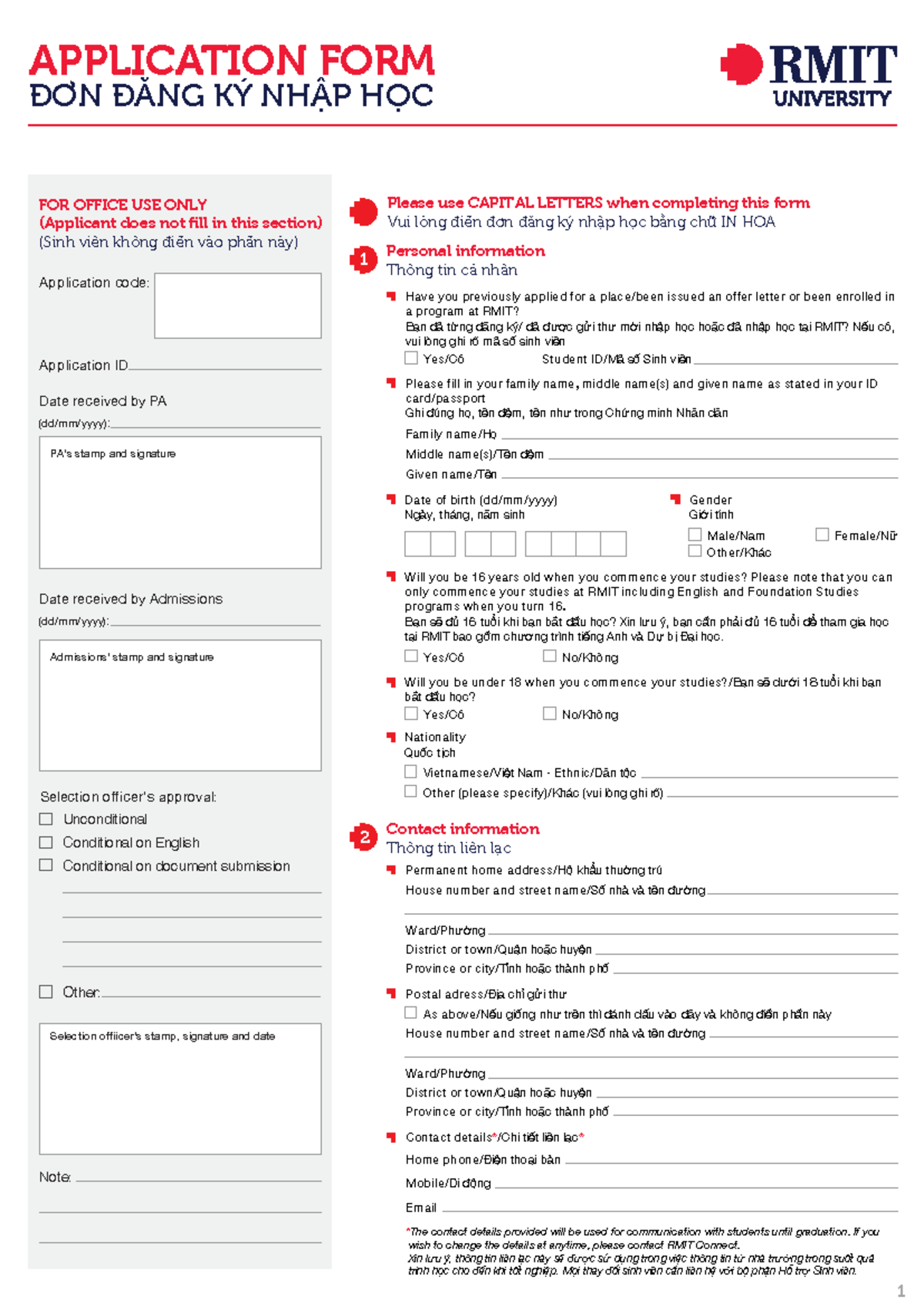 RMIT Application Form for Undergraduate Programs (Đơn Đăng Ký Nhập Học ...