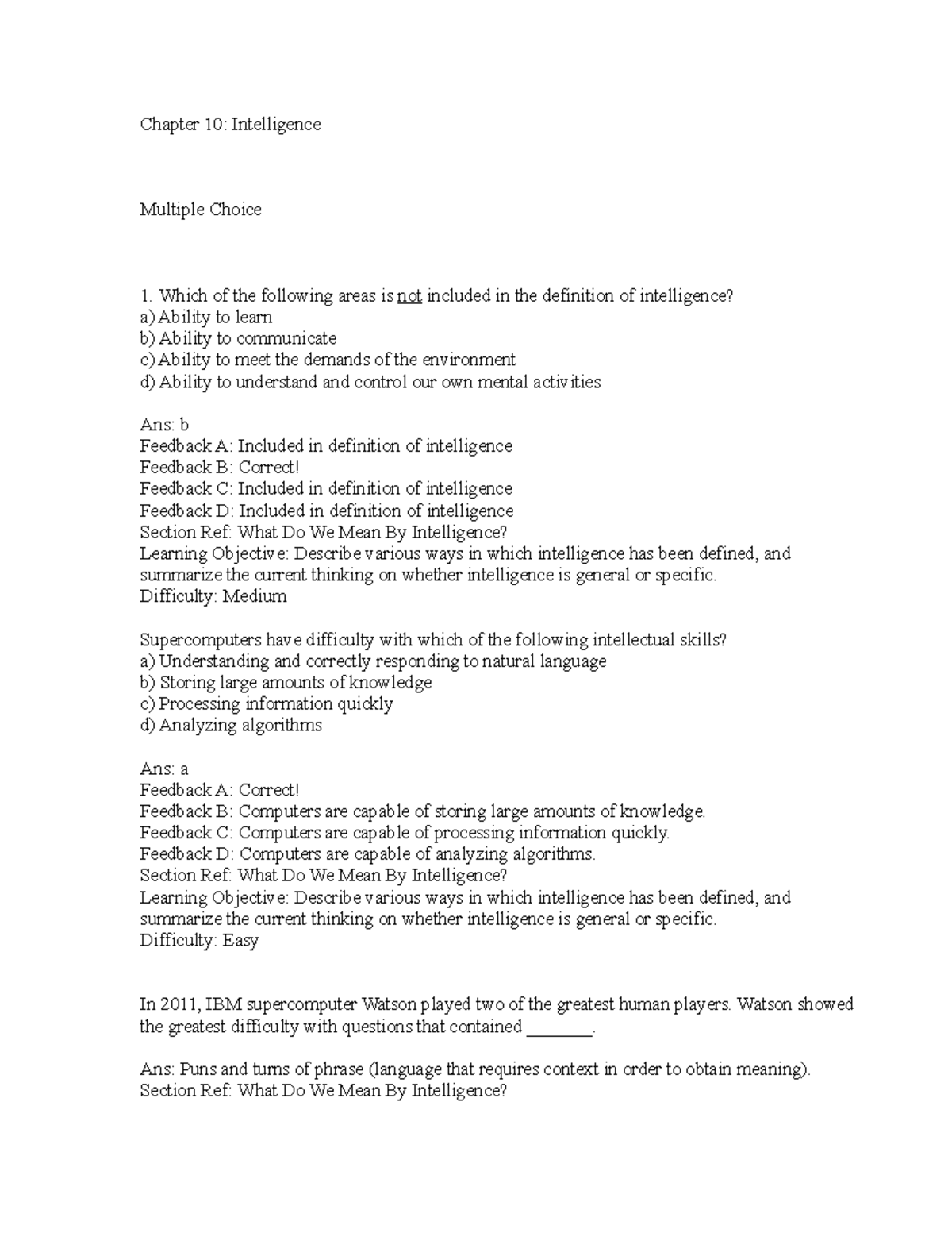 Chapter 10 Intelligence Questions & Answers (PSY101) - Studocu