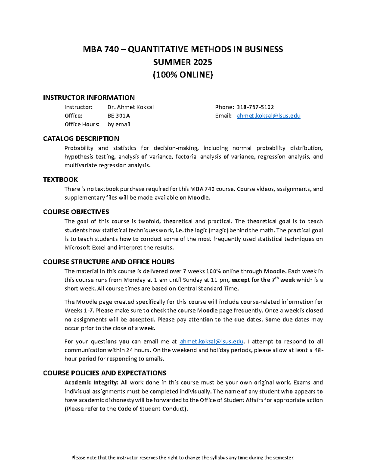 MBA 740 Summer 2025 Online Syllabus: Quantitative Methods in Business ...