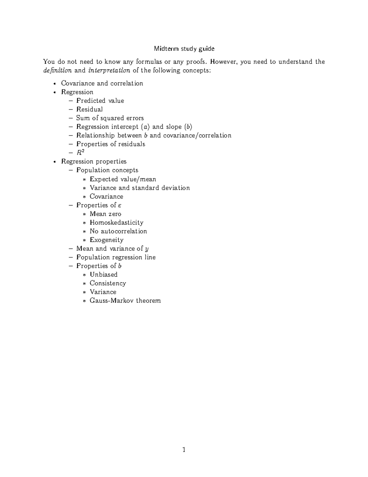 Midterm Study Guide for Econometrics Concepts and Regression Analysis ...