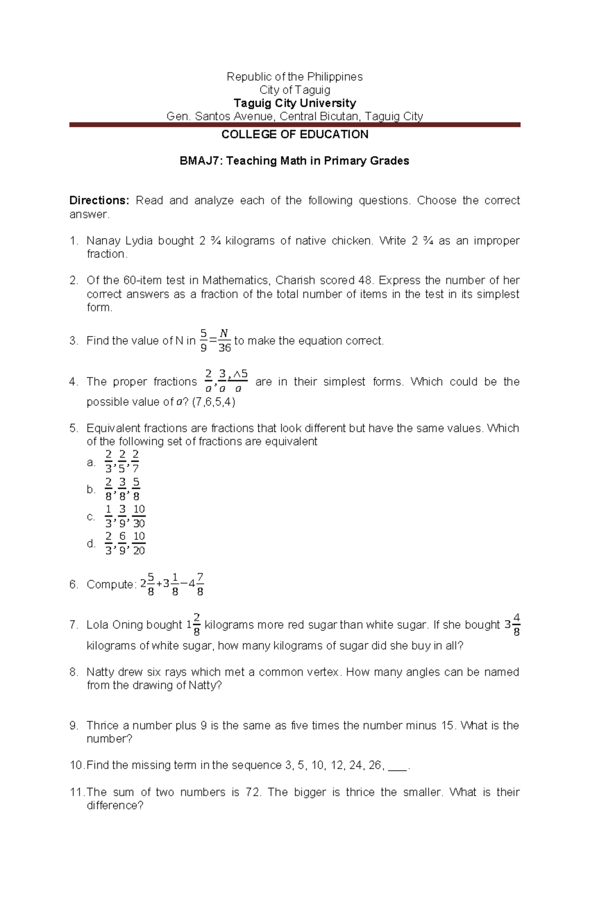 TAKE HOME MATH Primary - NA FOR THE SUBJECT TO CHECK - Republic of the ...