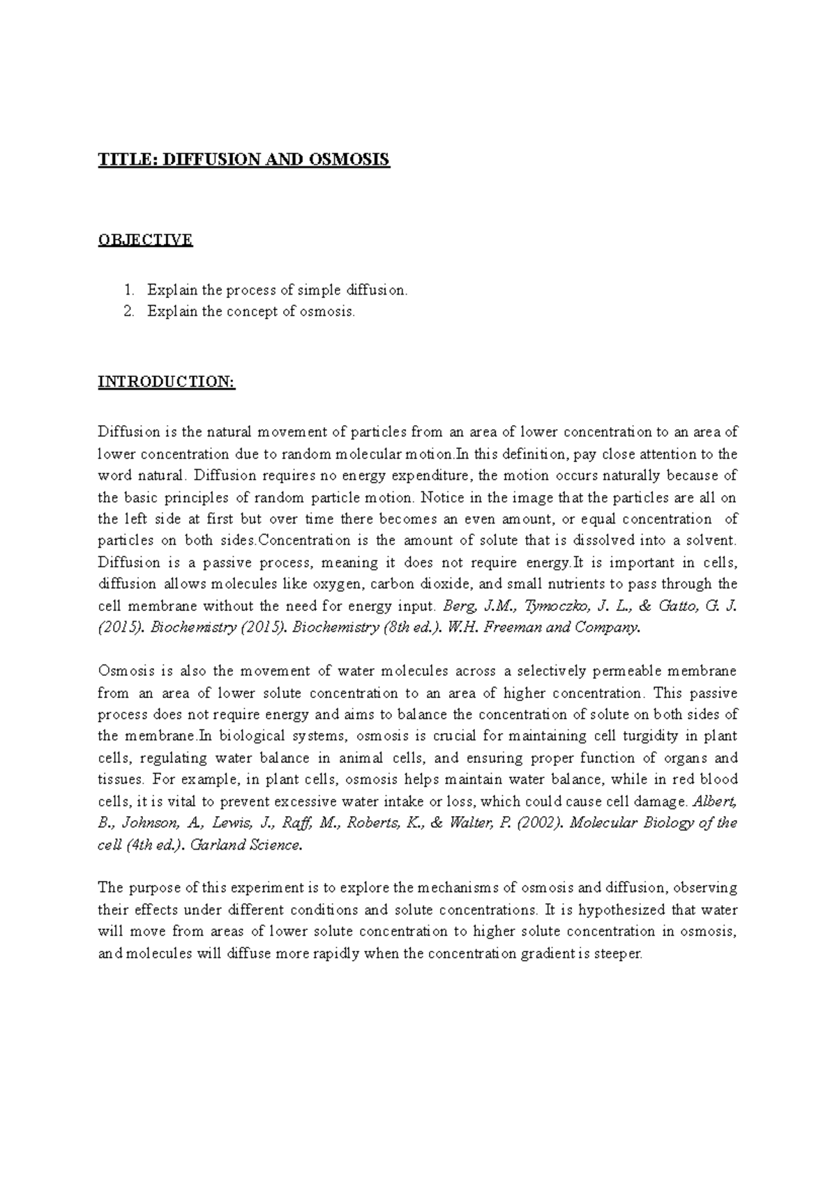 BIO122 - Lab Report on Diffusion and Osmosis Experiments - Studocu