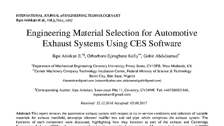 Engineering Material Selection for Automotive Exhaust Systems (ENG 101 ...
