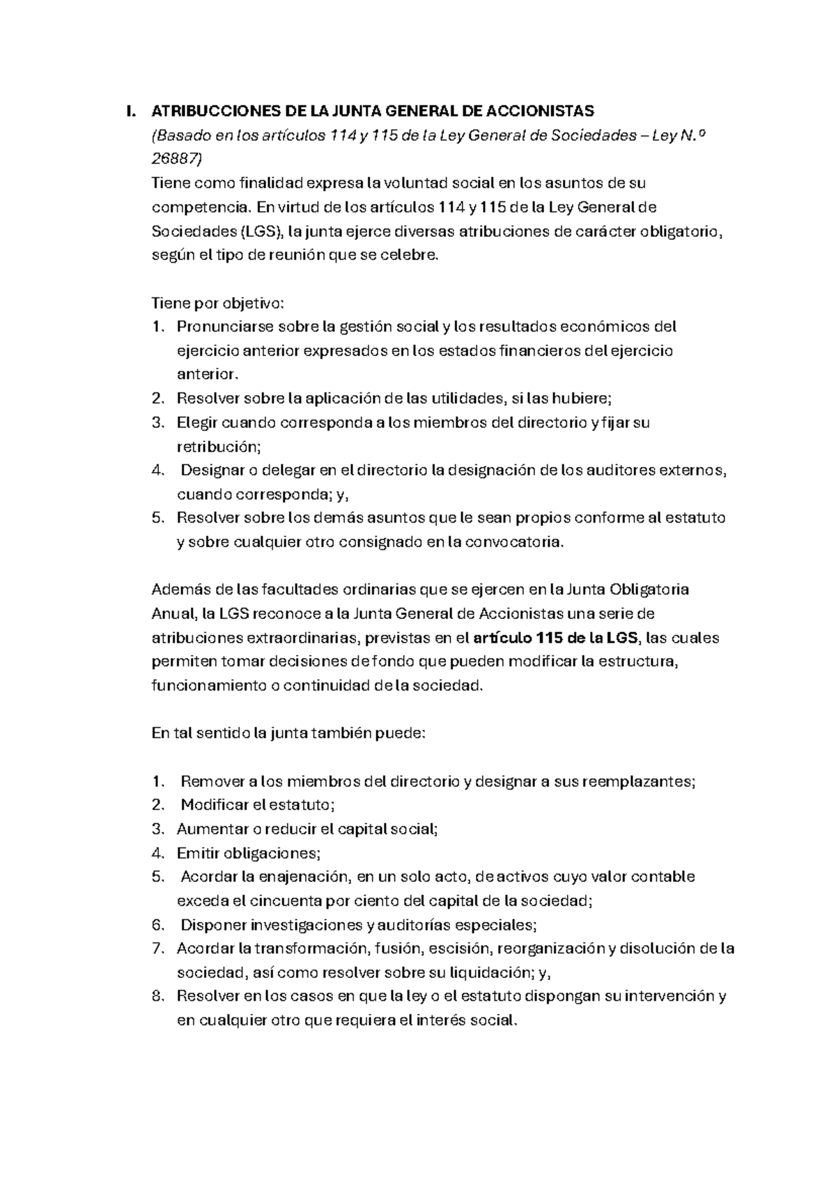 Atribuciones y Convocatoria de la JGA según Ley N.º 26887 - Studocu
