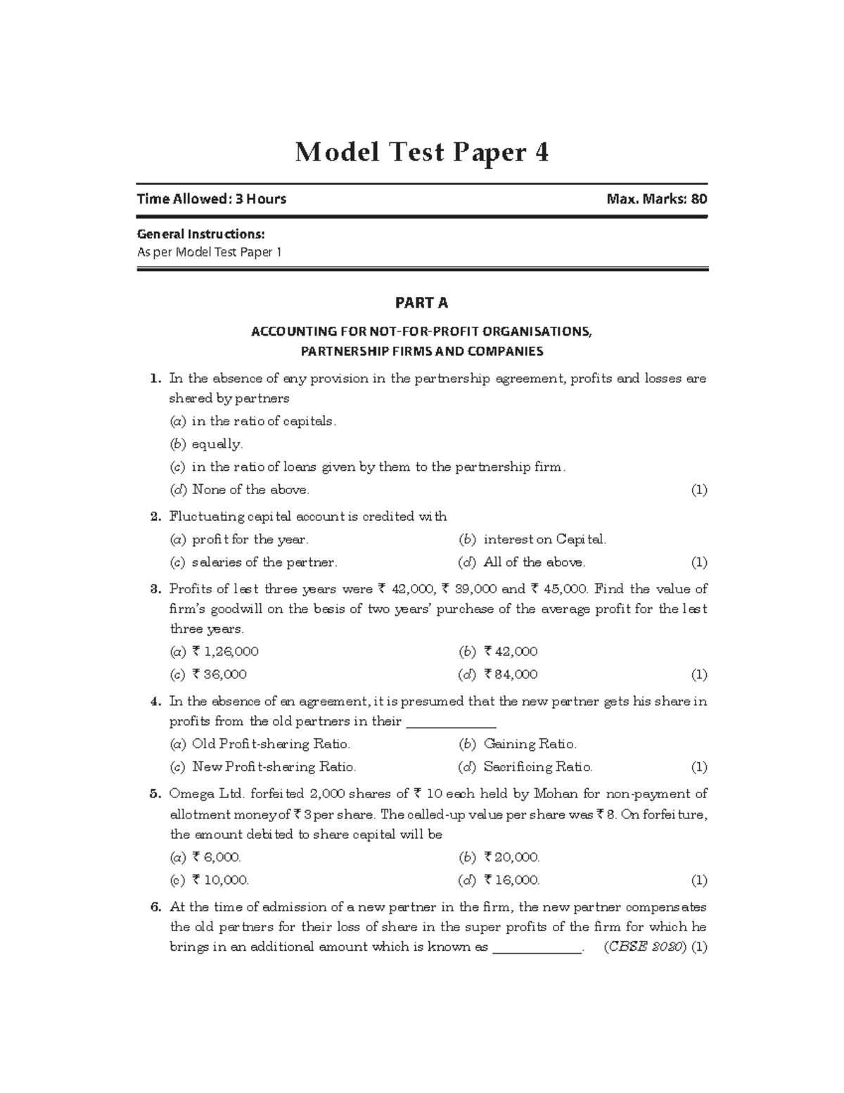 Model Test Paper 4: Accounting for Organizations (CBSE 2020) - Studocu