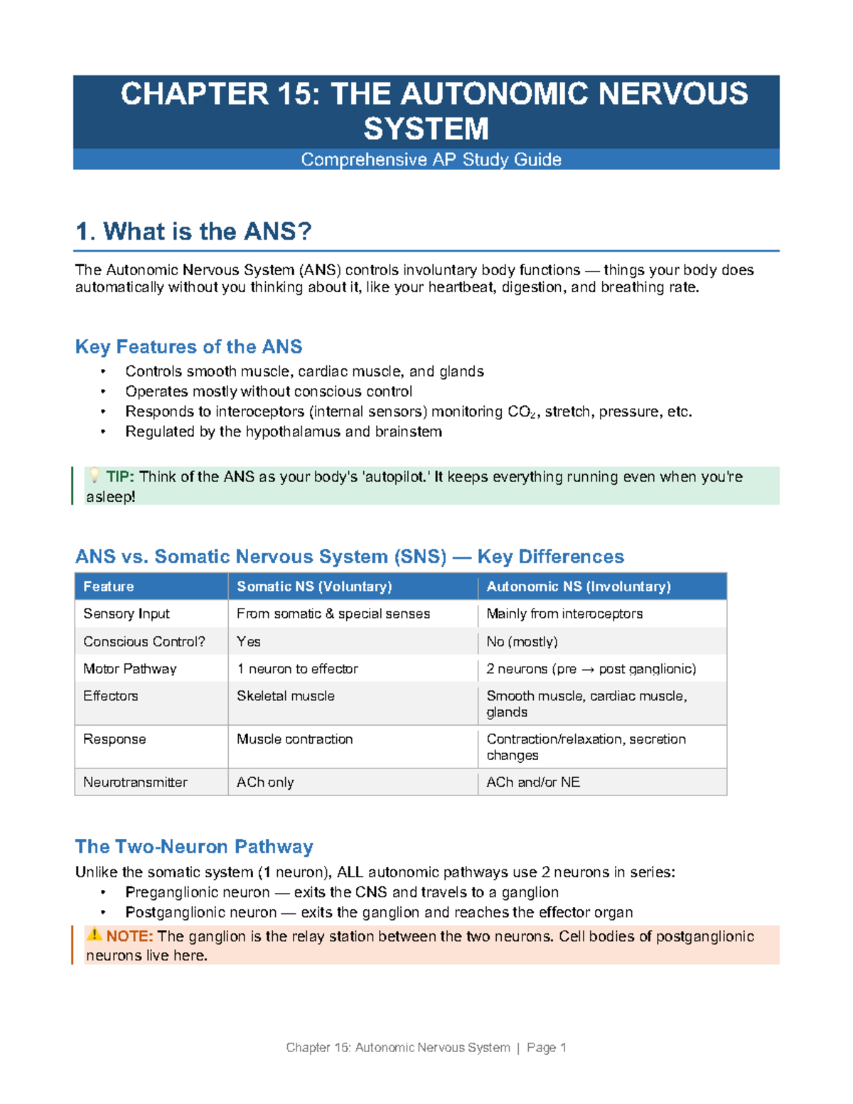 CH15: Comprehensive Study Guide on the Autonomic Nervous System - Studocu
