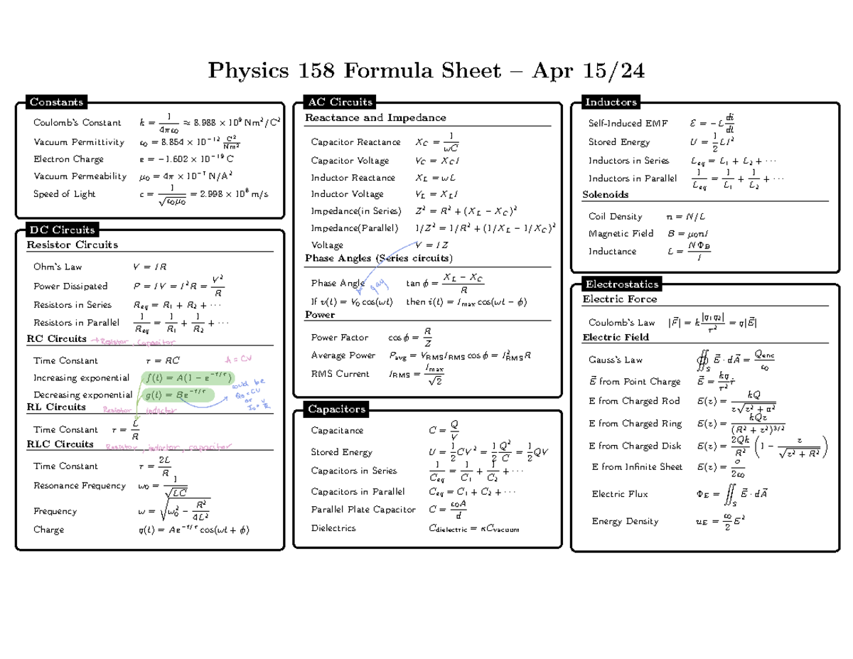 Vlzw Nplofp COU 4zk EMx A 83 - Physics 158 Formula Sheet – Apr 15 ...