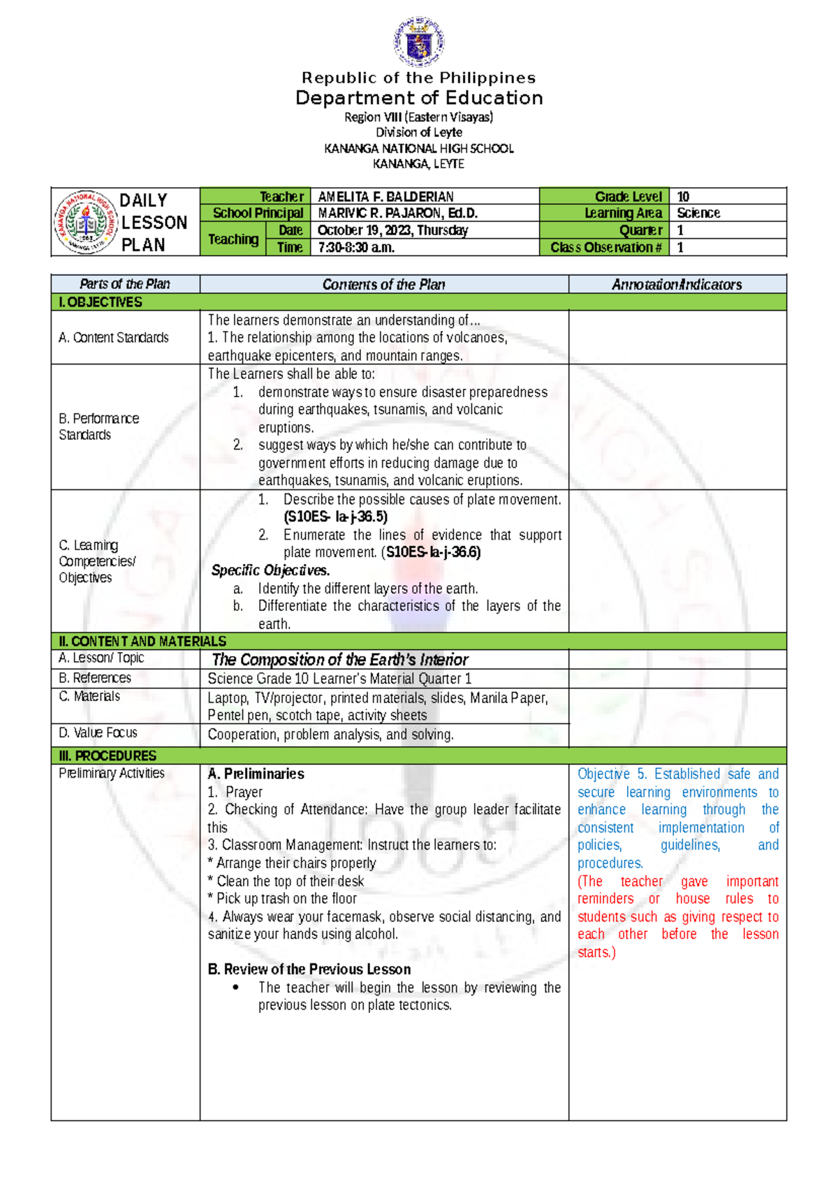 1st Quarter Lesson Plan - LP-COT-Science: Earth's Layers and Disasters ...