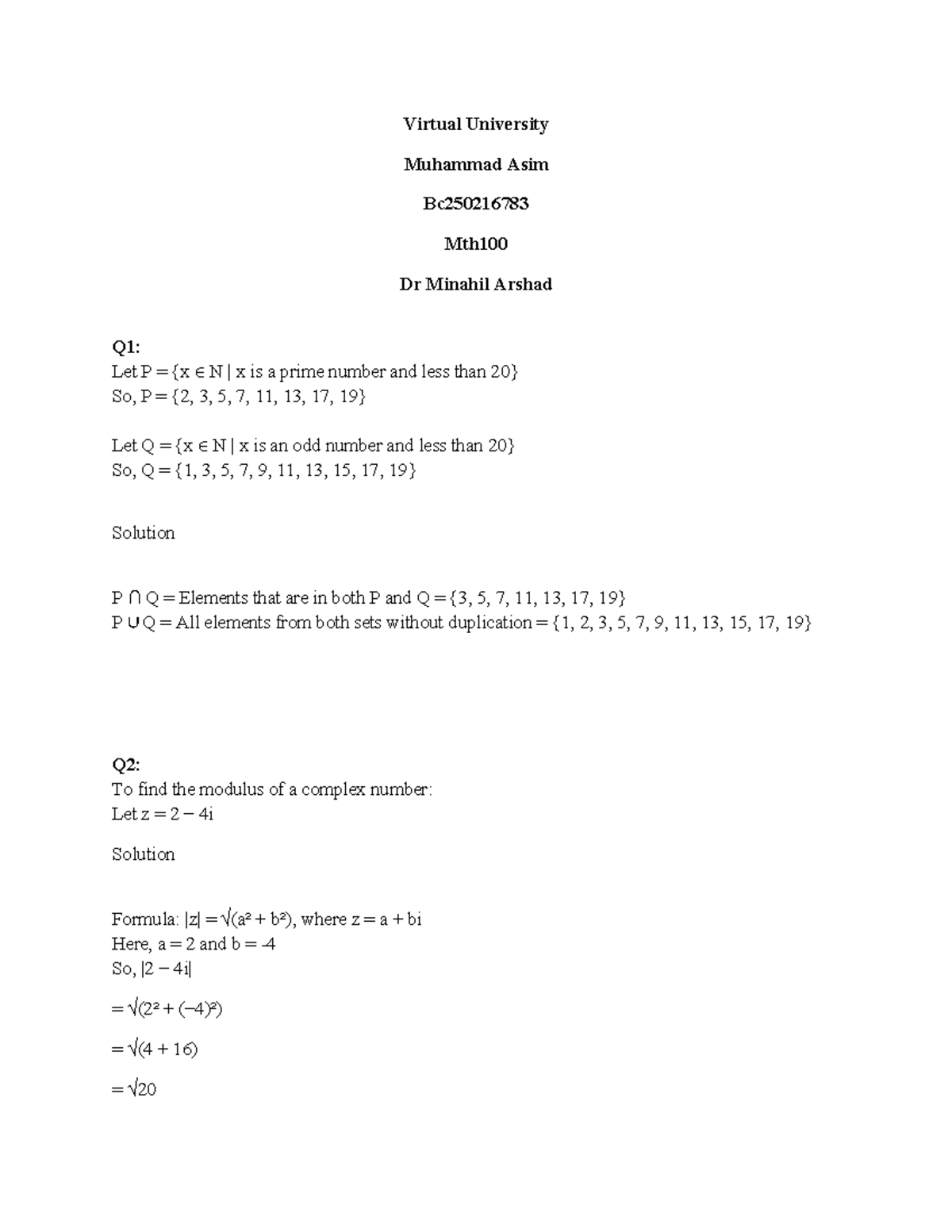 Assignment 1 Solutions for MTH100 by Muhammad Asim - Studocu