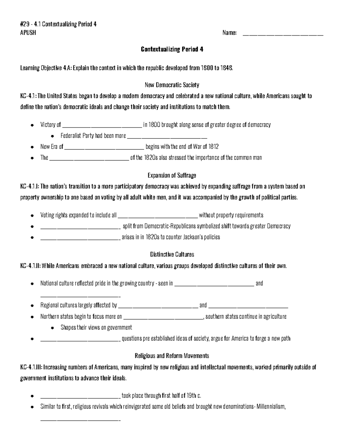 4.1 Contextualizing Period 4 APUSH: Development of Democracy 1800-1848 ...
