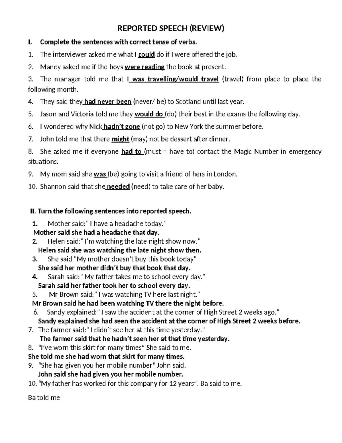 Reported Speech Review Exercises (ENG 101) - Studocu