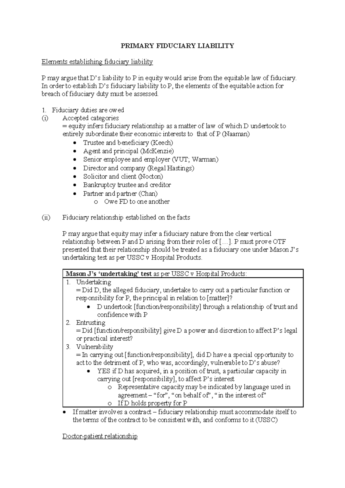LAW3111 Equity Final Exam Notes on Fiduciary Liability Elements - Studocu