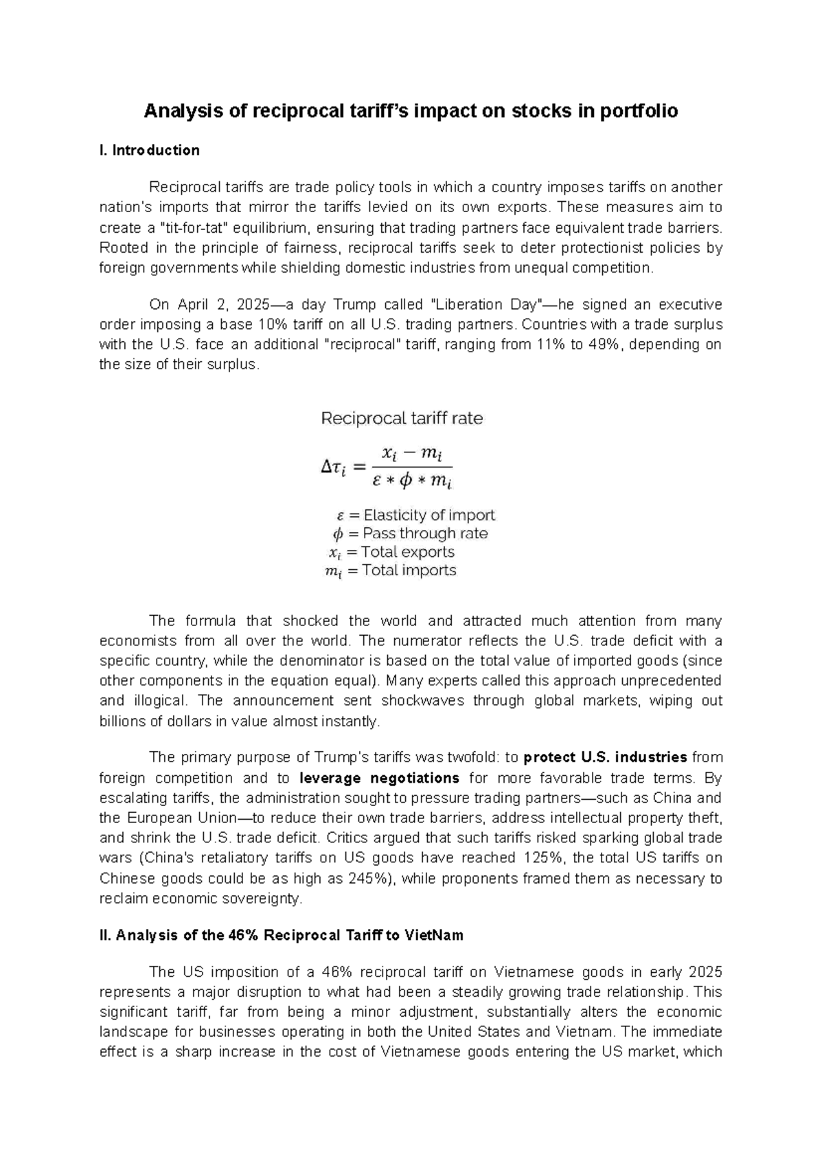 Analysis of Reciprocal Tariff's Impact on Stocks in Portfolio I - Studocu
