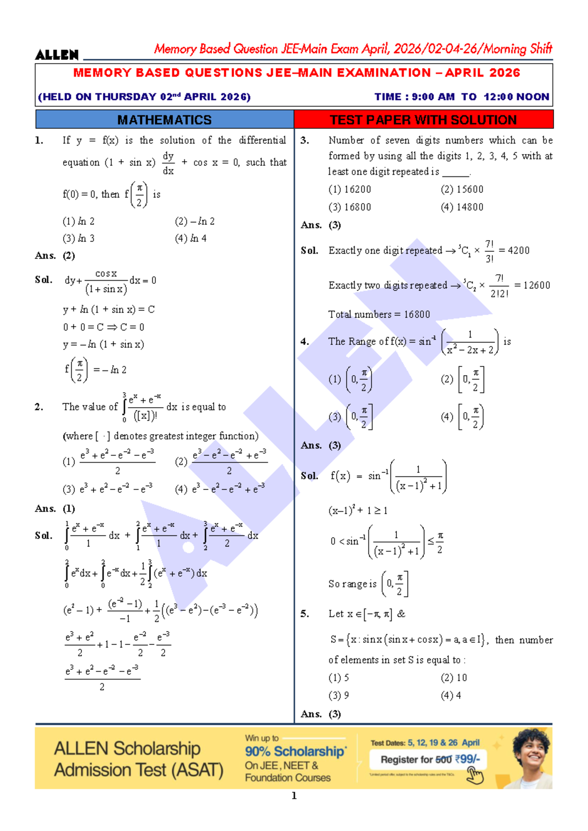 JEE MATHS APRIL 2026 SESSION: MEMORY BASED QUESTIONS & SOLUTIONS - Studocu