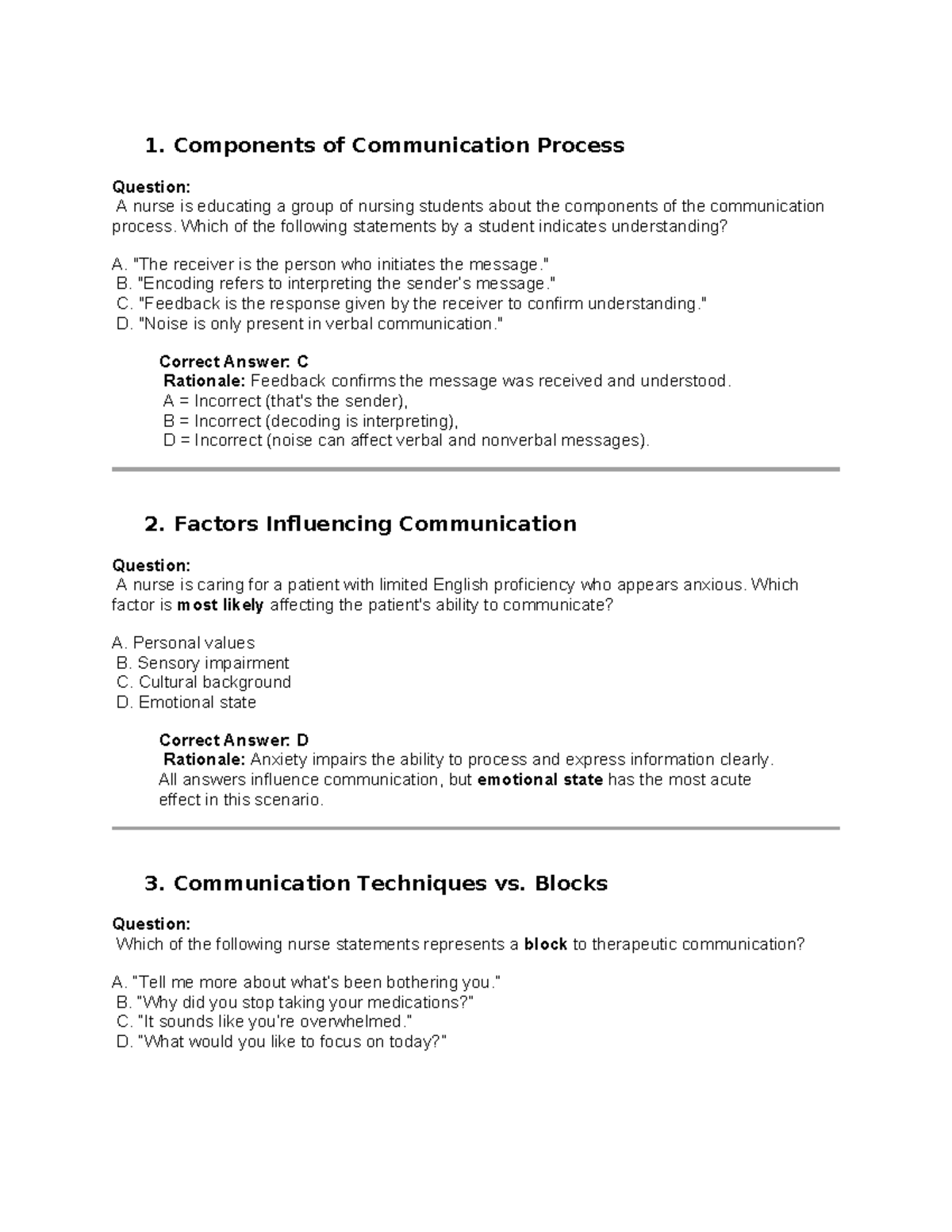 NUR 101: Communication Process Components & Techniques - Study Guide ...
