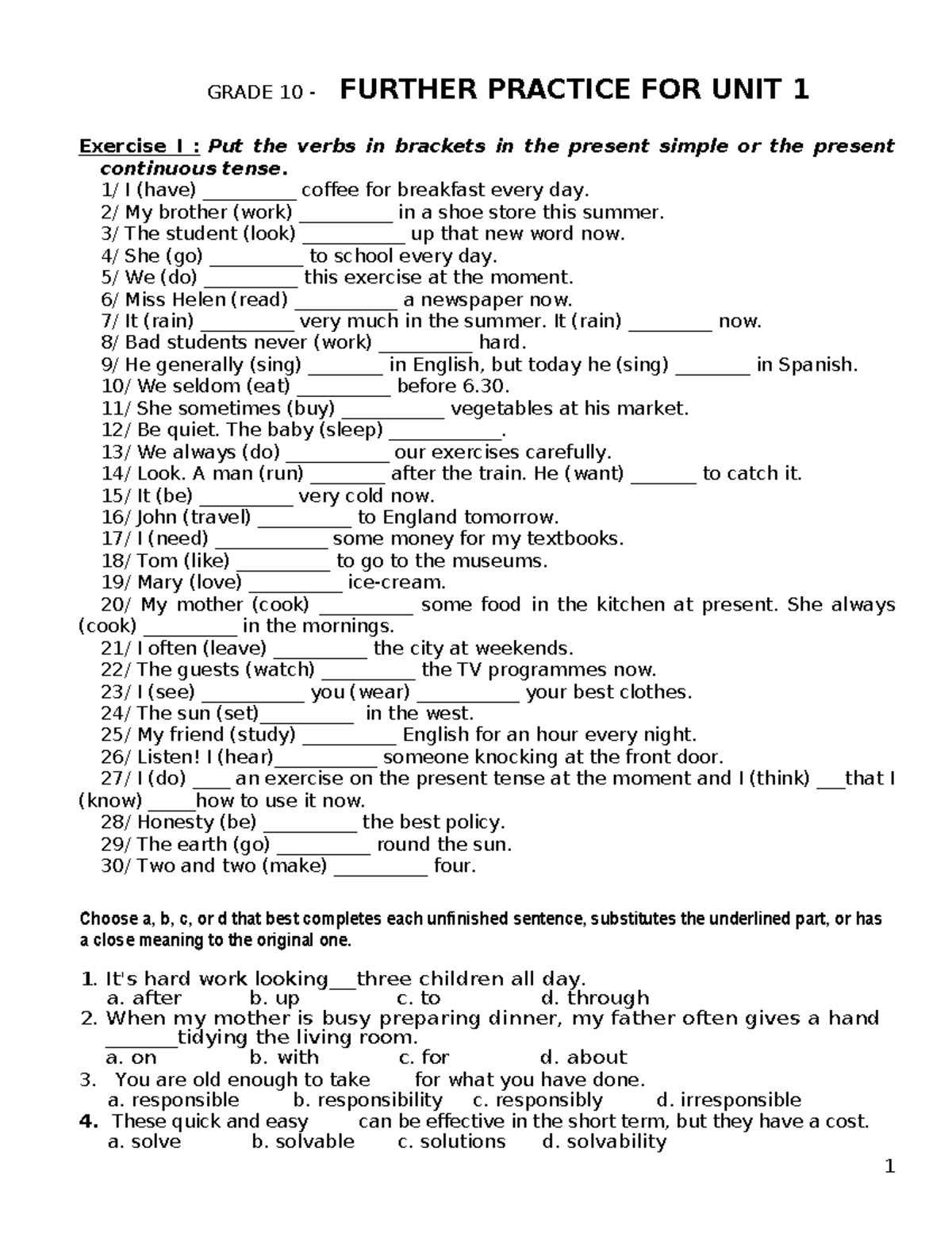 GRADE 10 UNIT 1 FURTHER PRACTICE EXERCISES - Studocu