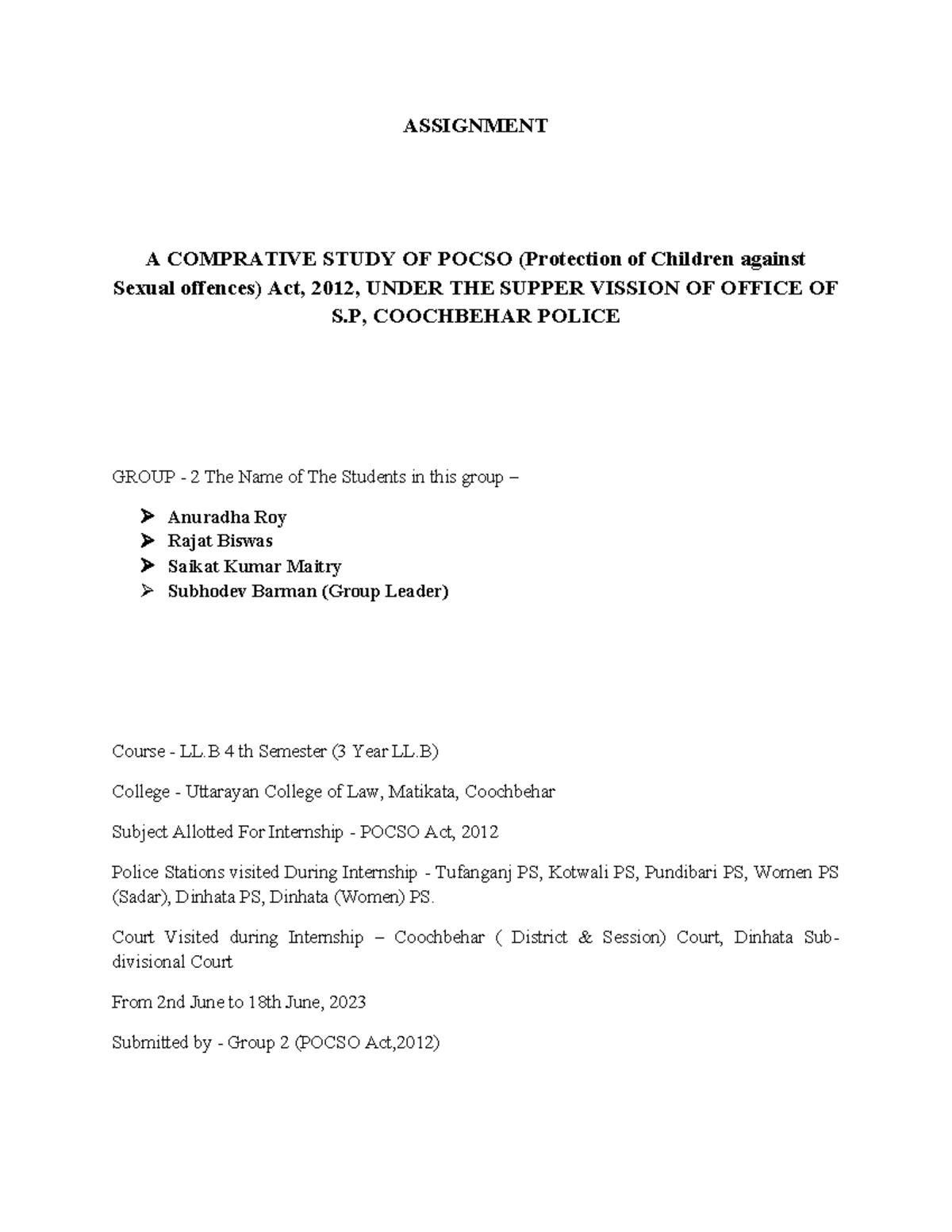 LL.B 4th Sem Assignment: Comparative Study of POCSO Act, 2012 - Studocu