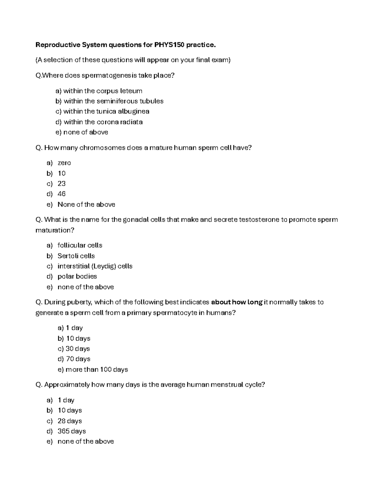 Reproductive System Practice Questions for PHYS150 Final Exam - Studocu